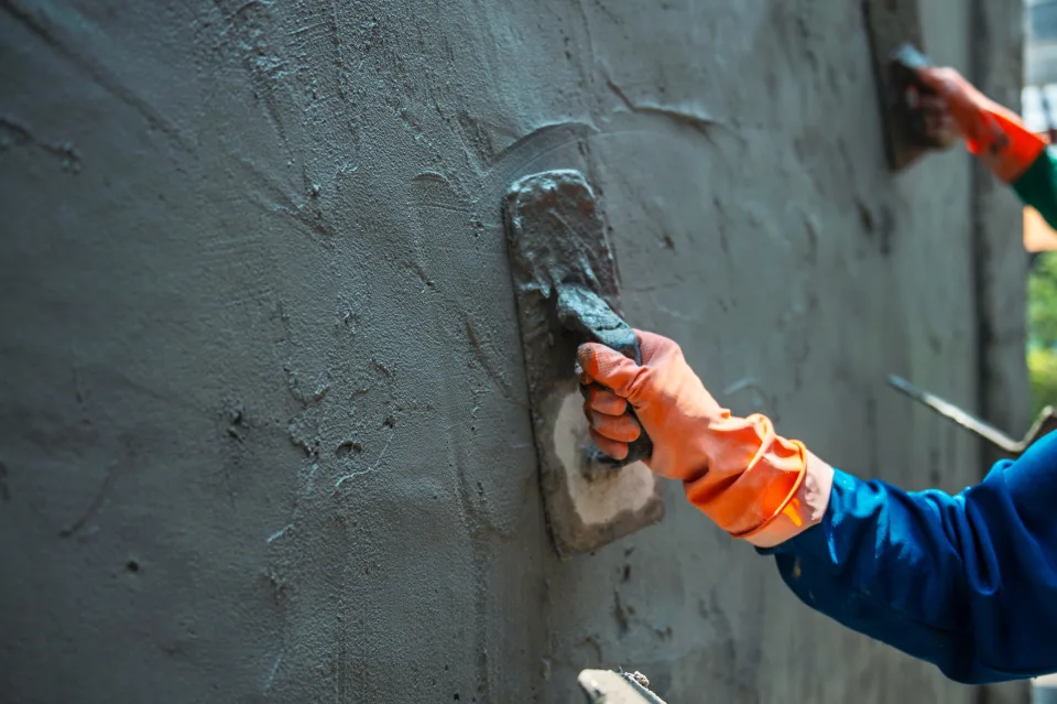 Muro lateral de una casa con acabado liso claro bajo cielo azul despejado